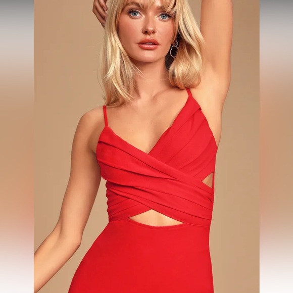 NWT LULUS Cherry Red Criss Cross Bodice Cutout Surplice Wide Leg Jumpsuit - Picture 3 of 13